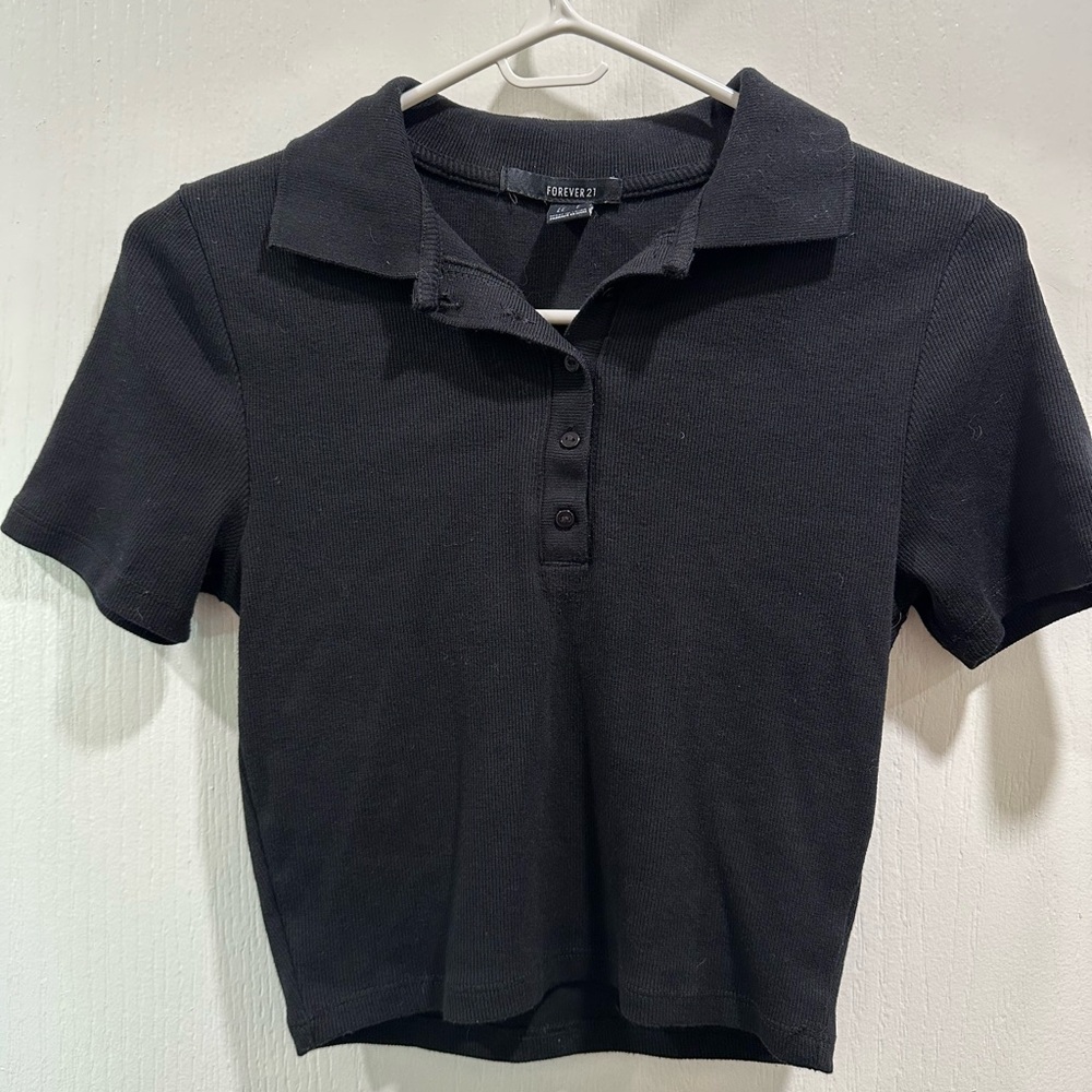 Forever 21 Black Cropped Polo Button Down